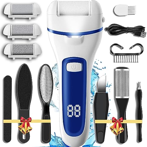 Callus Remover for Feet, 13-in-1 Professional Pedicure Tools Foot Care Kit, Foot Scrubber Electric Feet File Pedi for Hard Cracked Dry Dead Skin, 3 Rollers, 2 Speed, Battery Display (White&Blue) - style: White&Blue