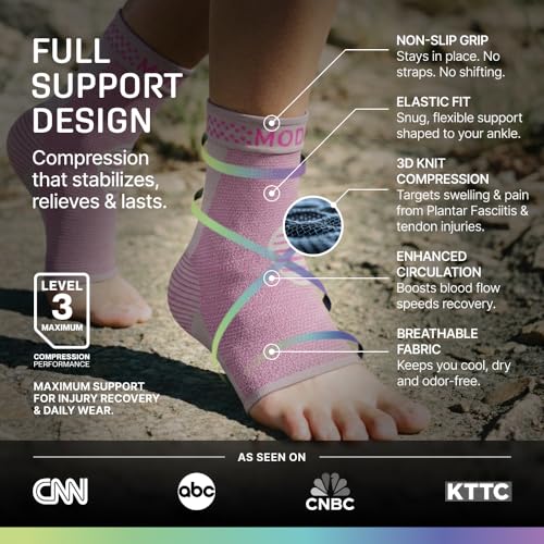 Modvel Foot & Ankle Brace Socks for Sprained Ankle Compression Sleeve - Foot Support for Women & Men - Tendonitis & Arthritis Ankle Brace Sports Running, Torn Ligaments & Women Stabilizing Ankle Wrap - color: B Pink, size: Small