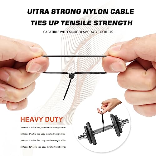 Cable Zip Ties,400 Pack Black Assorted Sizes 12+8+6+4 Inch,Multi-Purpose Self-Locking Nylon Cable Cord Management,Plastic Wire Ties for Home,Office,Garden,Workshop. By HAVE ME TD - color: Black, size: 4+6+8+12-Inch(400PCS Set)