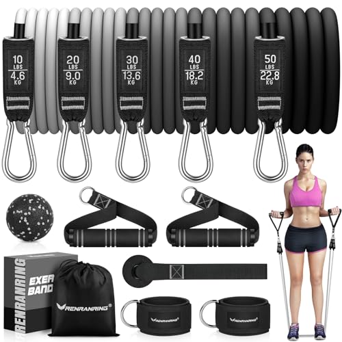 RENRANRING Resistance Bands for Working Out, 150LBS Exercise Bands, Workout Bands, Resistance Bands Set with Handles for Men Women, Legs Ankle Straps - color: Grey Set, size: 51.0 inch