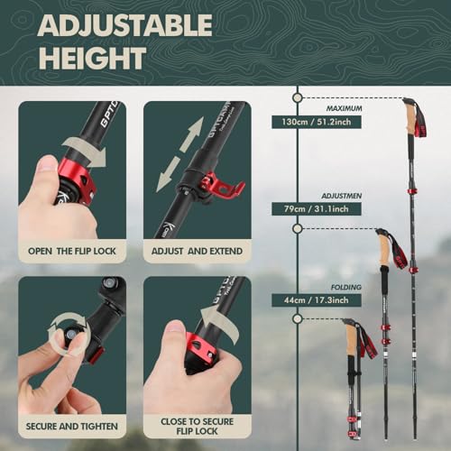 GPTCAMP Walking Sticks,Trekking Poles Collapsible Hiking Poles,Lightweight Folding Travel Walking Pole for Men Women,2pc Adjustable Hiking Stick with EVA Foam Grips for Backpacking - color: Red