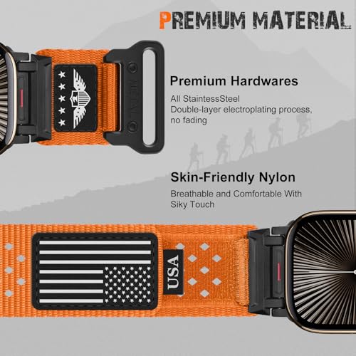 Rugged Nylon Band for Apple Watch Ultra 3/2/1 Series 11 10 9 8 7 6 5 4 SE/3/2/1 for Men,Breathable Stars-Stripes Flag Wristband Workout Athletic Strap for iWatch Ultra Bands 49mm 46mm 45mm 44mm 42mm - color: 03-Orange-Metal adapter, size: 49/46/45/44/42MM