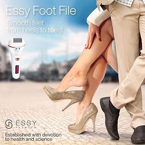 Essy Electric Foot File Rechargeable with 5 Replacement Rollers (White) | For Women's, Men's Smooth Feet, Waterproof, USB Charging, Pressure-Lock Safety - color: White