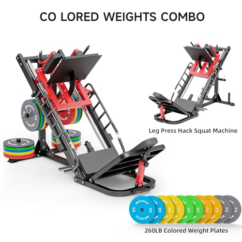 Leg Press Hack Squat Machine Combo, 45° Leg Exercise Machine ,Lower Body Special with Weight Storage for Quads, Hamstring, Glutes, Calves, Compact Home Gym Leg Day Equipment - style: 260LB Colored Weights Combo