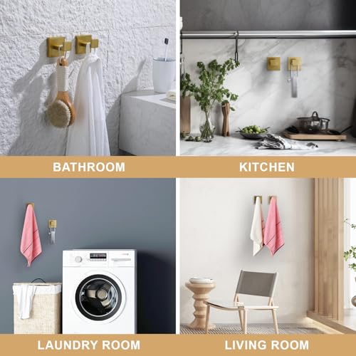 TASTOS Bath Towel Hooks Brushed Gold, 4 Pack Stainless Steel Robe Coat and Clothes Hook, Heavy Duty Wall Hook for Bathroom & Kitchen, Modern Square Style Wall Mounted… - color: Brushed Gold, size: Square (4 Pack)