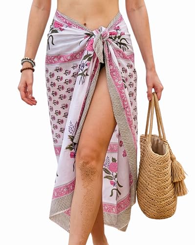 Beach Cover Ups for Women, Cotton Sarong Wrap Pareo | 100% Cotton Sarong Wraps For Women, 73 x 44 In. Pareo Beach Wrap, Bikini Cover Up, Bathing Suit Cover Up, Resort Wear - color: Pink Manhattan