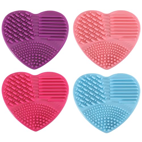 FREEBLOSS 4PCS Quilter Mat Cleaning Pad Heart Shaped Makeup Brush Cleaning Pad for Brushes, Silicone Cleaner Pads Rose Pink, Blue, Pink, Purple 3.2" x 3" x 1"