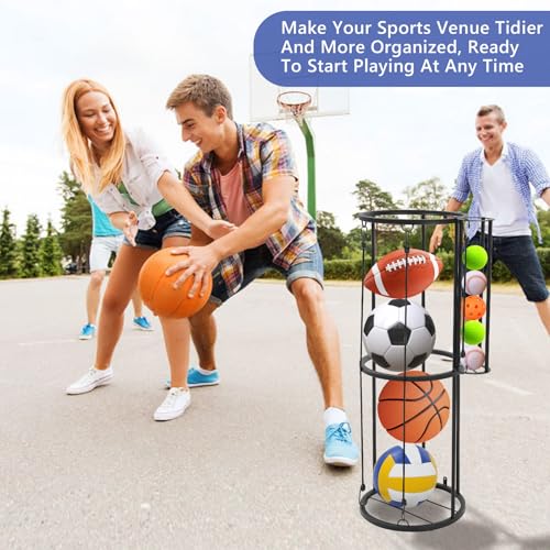 Garage Ball Storage Rack, Wall Mounted with Side Ball Basket, Black | Side Small Ball Basket, Vertical Sports Equipment Organizer for Basketball, Soccer, Football, Volleyball,Garage Gym Game Room