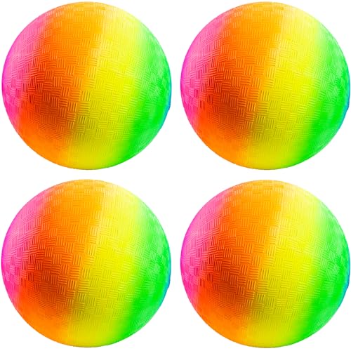 PlayBolt Rainbow Playground Balls - 8.5 Inch (Pack of 4) Rubber Bouncy Colorful Inflatable Balls for Kids and Adults, Indoor & Outdoor Games, Kickball, Dodgeball, Four Square, Dodge, Recess, Handball - size: 8.5-Inch - Pack of 4