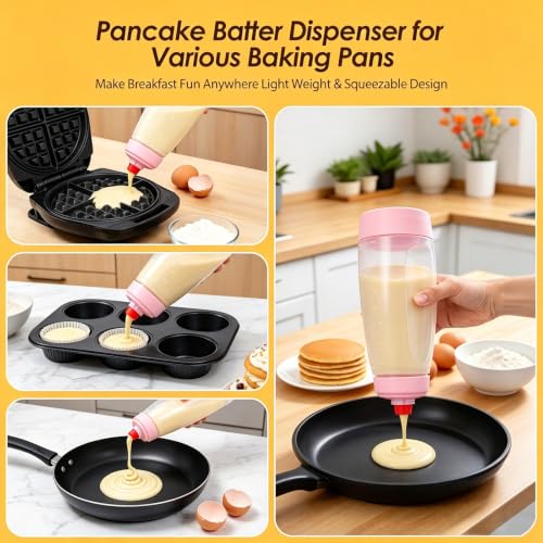 Pancake Batter Dispenser Bottle Kit with 7 Accessories, 1000ml Silicone Squeeze Pancake Mixer Bottle with Whisk Ball and Stand Base, Pancake Shaker Bottles for Cupcakes Muffins Waffle (2pack) Pink - color: Pink