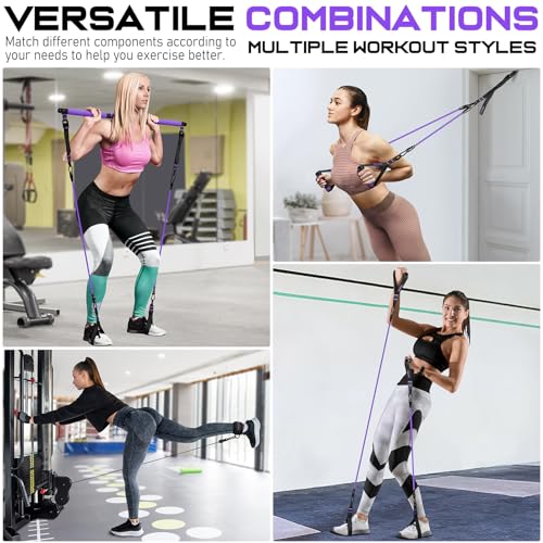 Pilates Bar Kit with 6 Latex Resistance Bands, Adjustable Exercise Bar - color: Purple