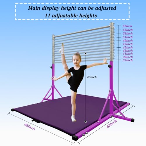 Gymnastics Bar for Kids Girls Ages 3-15 with Ring for Home Indoor Training Equipment- Steady Steel Construction, Anti-Slip, Easy to Assemble, 3' to 5' Adjustable Height - color: PURPLE, size: 4.8FT, style: FOLDABLE BAR WITH MAT&RING