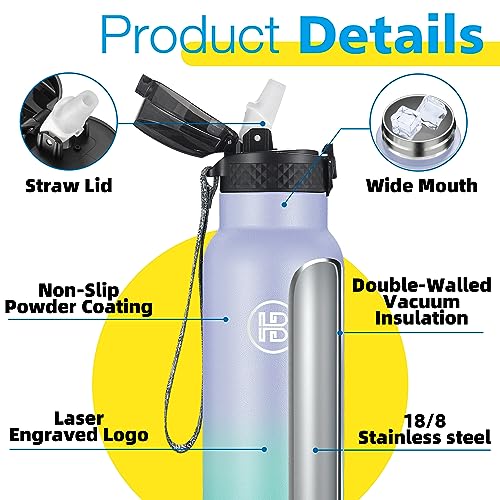 Han's Bottle Sports Water Bottle - 32 Oz, Straw Lid, Leak Proof, Vacuum Insulated Stainless Steel, Double Walled, Thermo Mug,Lilac green - color: Lilac green, size: 32 Ounces