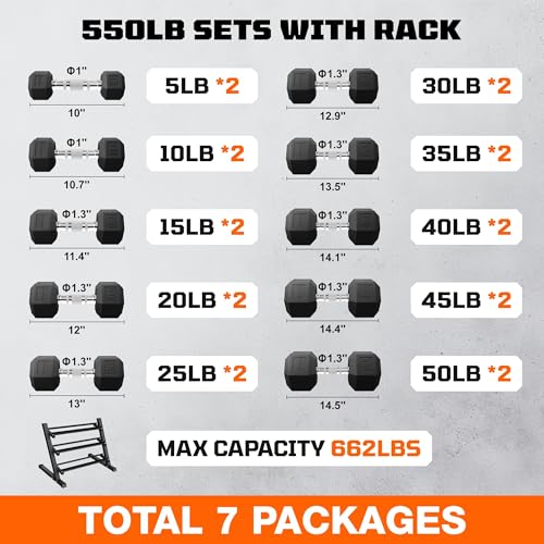 Dumbbell Sets with Rack, Rubber Hex Dumbbells, 160/220/280/360/450/550LBS, Hand Weights with Chrome Handle for Strength Training - color: 550lbs with Rack