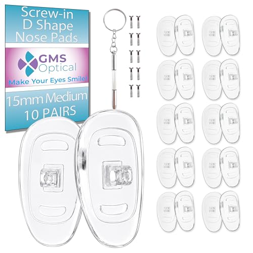 GMS Optical Screw-in Silicone Nose Pads for Glasses | 15mm Medium, 7.4mm Width | Non Slip Nose Grips for Sunglasses and Eyewear, Anti Slip Eyeglass Accessories w/Screws & Screwdriver (10 Pairs) - size: (M)15mm - 10 Pairs