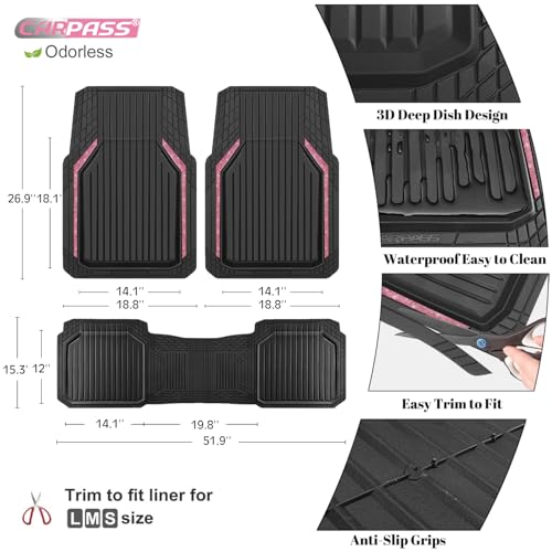 CAR PASS Pink Heavy Duty Rubber Floor Mats for Car, Waterproof Liner Deep Dish Bling Car Mats Full Sets, Universal Trim to Fit for SUV Truck Sedans Vans, All Weather Floor Mats, Pink Sparkly - color: Bling Black Pink