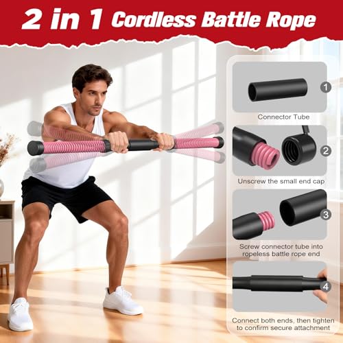 Relife Ropeless Battle Ropes, 2 in 1 Weighted Cordless Battle Ropes for Home Gym - Portable Home Gym Equipment for HIIT, Strength Building, Low-Impact Cardio for Men & Women - color: Pink