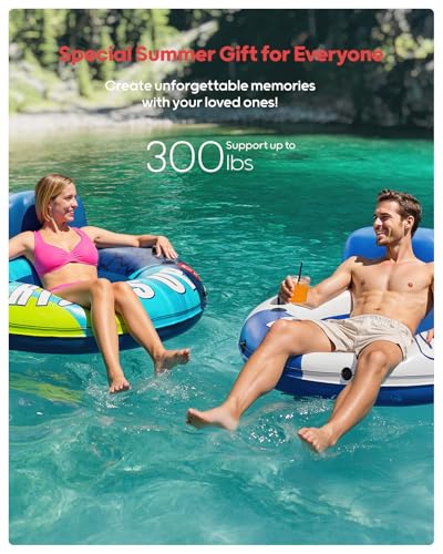 QPAU Inflatable River Tube, 0.4 mm Thickened Puncture-Resistant Heavy Duty River Float, River Raft with Ergonomic Backrest, Mesh Bottom & 2 Cup Holders for Adults and Friends Lake Float - color: Blue&White