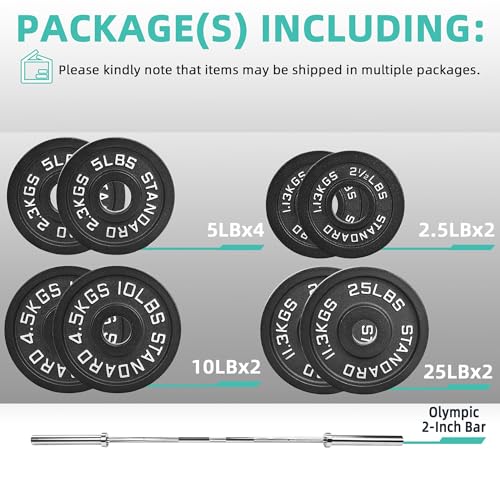 Fitvids 2 Inch Olympic Barbell Weight Plates and Bar Set, 5 FT Barbell Bar and 95 LB(2.5-25 LB) Barbell Weight Set for Home Gym Strength Training - style: 95LB Set with Bar Style #2