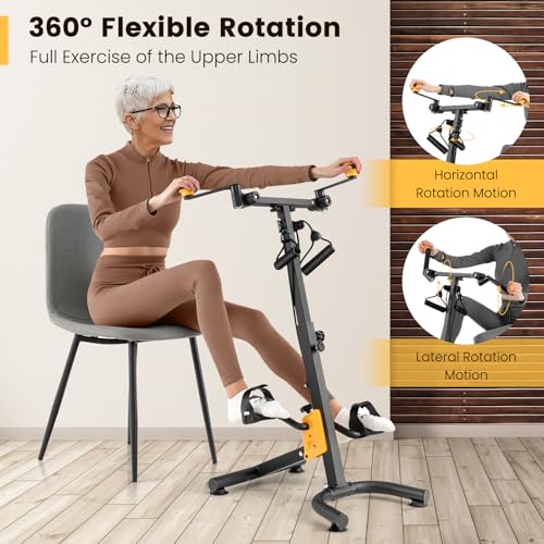 Goplus Foldable Pedal Exerciser for Seniors, Hand Arm Leg Knee Physical Therapy Exercise Bike w/Adjustable Height, Handgrip, Resistance Band, Recovery Home Workout Equipment for Elderly