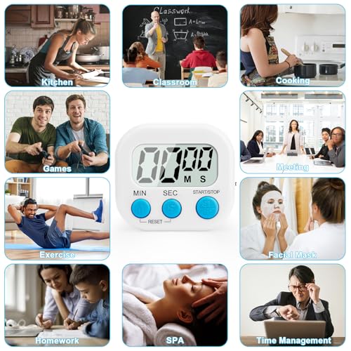 6 Pack Digital Kitchen Timer Multi-Function Magnetic Timers Classroom Timer for Kids Loud Alarm Big LCD Display Electronic Count Up Countdown Timers for Cooking, Classroom, Exercise, Meeting, White - color: White
