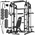 Smith Machine, Multifunctional Power Cage Rack with Smith Bar and Cable Pulley System, and LAT Pull Down Machine for Home Gym… - style: Power Cage with 240 Lbs Plates and Bench