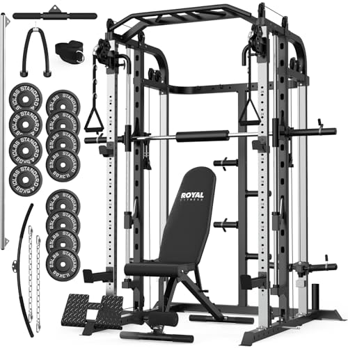 Smith Machine, Multifunctional Power Cage Rack with Smith Bar and Cable Pulley System, and LAT Pull Down Machine for Home Gym… - style: Power Cage with 240 Lbs Plates and Bench