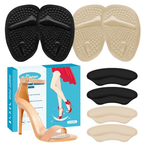 ZUCNANA Ball of Foot Cushions, Metatarsal Pads Women, Non Slip Heel Pads for Women Shoes Too Big (4 Pairs), Shoe Cushions Heel Grips Liner Prevent Blisters & Slipping (Beige+Black) - color: Beige+black