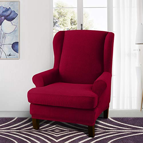 Granbest Premium Water Repellent Wingback Chair Cover 2-Piece High Stretch Jacquard Fabric Wing Back Chair Slipcovers (Wing Chair Cover, Wine Red) - color: Wine Red
