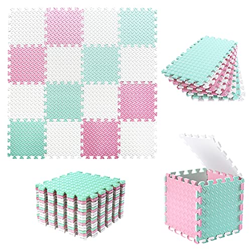 Foam Play Mat for Baby, 0.4 Inch Thicked Interlocking Floor Mats with Solid Colors, Squares Non-Toxic Baby Play Mat, EVA Foam Puzzle Floor Mats for Toddlers, 16 Tiles(White/Pink/Bean Green) - color: White/Pink/Bean Green, size: 16 Pcs/47.2*47.2