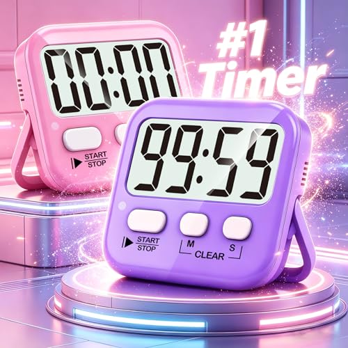 Antonki 2 Pack Digital Timer for Kids, Magnetic Countdown Kitchen Timers for Cooking, Egg, Classroom, Teacher, Exercise, Study, Oven - Battery Included - color: 2 * Pink + Purple