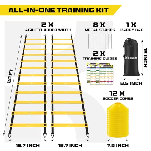 2 Pack 20ft Agility Ladder Set, 40ft Total Adjustable Speed Ladder with 12 Cones, 8 Stakes, 1 Carry Bag - Parallel Footwork Drills Gear for Football Soccer Basketball Training Equipment - color: Yellow