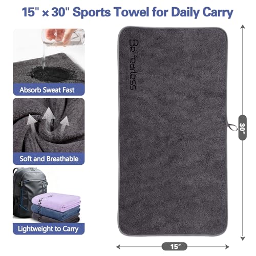 BOBOR Gym Towels for Men and Women, 3 Pack 15 x 30 Inch Microfiber Workout Towels, 400 GSM Quick Dry Sweat Towels with Center Hanging Loop, Soft Absorbent Sports Towels for Yoga, Running, Swimming - color: 1blue+1purple+1gray, size: 15" x 30"