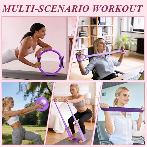Pilates Ring and Small Ball Set for Women with 5 Resistance Bands, 14 inch Magic Circle Home Workout Essentials Starter Kit for Beginners, Yoga Sets for Full Body Toning Shape - color: Purple