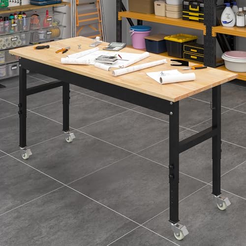 48" Adjustable Work Bench, Rubber Wood Top Workbench | Heavy-Duty Work Table with Wheels, 2000 LBS Load Capacity Hardwood Work Benches for Garage - size: with wheels, 48