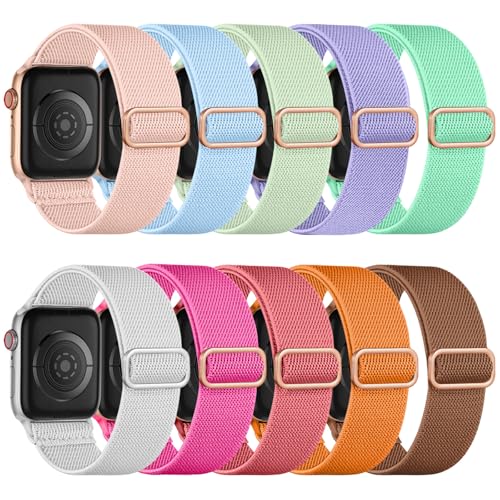 Maledan Stretchy Nylon Loop Compatible with Apple Watch Bands 38mm 40mm 41mm 42mm 44mm 49mm 46mm Adjustable Soft Elastic Strap for Apple Watch SE Ultra iWatch Series 11/10/9/8/7/6/5/4/3/2/1 Women Men - color: Orange/Light Blue/Light Green/Lavender Purple/