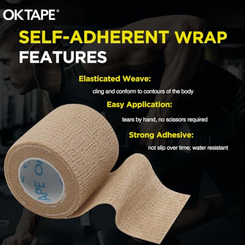 OK TAPE 12 Rolls Self Adhesive Bandage Wrap, Elastic Athletic Tape, Self Stick Bandage Tape, Vet Wrap, Medical Wrap for Wrist, Feet, 2" x 5 Yards - Beige - color: Beige, size: 2 Inch