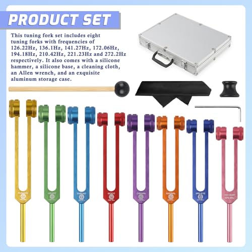 Tuning Fork Healing Set of 8 Colors (126.22Hz, 136.1Hz, 141.27Hz, 172.06Hz, 194.18Hz, 210.42Hz, 221.23Hz, 272.2Hz), Sound Therapy Aluminum Chakra Forks with Reflex Hammer, and Exquisite Package - color: 8 Pcs - Multicolor