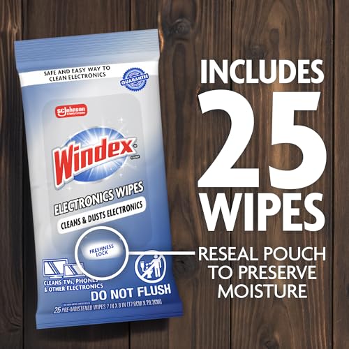 Windex Electronic Cleaning Wipes, Pre-Moistened Screen Wipes for TVs, Phones, and Other Electronics, Resealable for a Freshness Lock, 25 Count - size: 25 Count (Pack of 1)