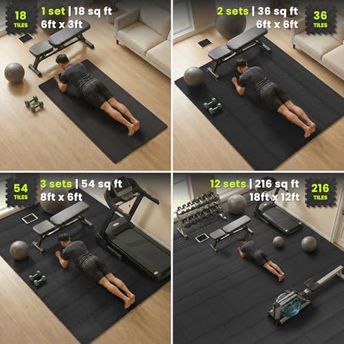 bemaxx Gym Mats Set - 18 pcs EVA Interlocking Foam Floor Tiles (12.6"x12.6"x0.4") 18sqft Protective Gym Flooring Sports Home Workout Exercise Mats Puzzle Garage Fitness Play-Room Pool Treadmill Bike - color: Anthracite-grey | 2-side Antislipx, size: 18 Ti