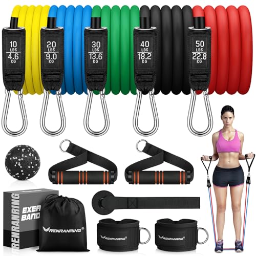 RENRANRING Resistance Bands for Working Out, 150LBS Exercise Bands, Workout Bands, Resistance Bands Set with Handles for Men Women, Legs Ankle Straps - color: Light pink ,Pink, Green , Grey ,Black, size: 51.0 inch