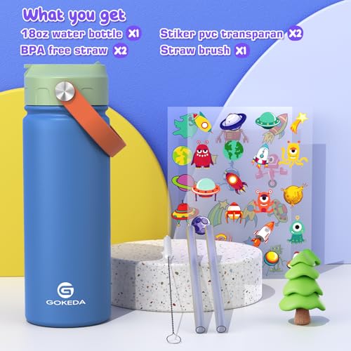 GoKEDA 18oz Kids Water Bottle, Insulated Bottles with Stickers, 18/8 Stainless Steel Vacuum Leak Proof Straw Cup for School, Gifts for Boys Girls(LightGreenBlue) - color: Green Blue