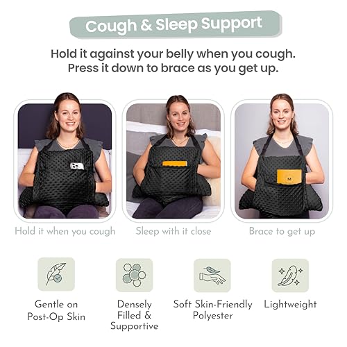 MOYOAMA Hysterectomy Pillow Post Surgery – Form-Fit Support Shield with Secure Straps, 2 Pockets, & Cozy Muff – After Hysterectomy Recovery Must-Haves, Post-Op C-Section Pillow Post Surgery Gifts - color: Charcoal Black