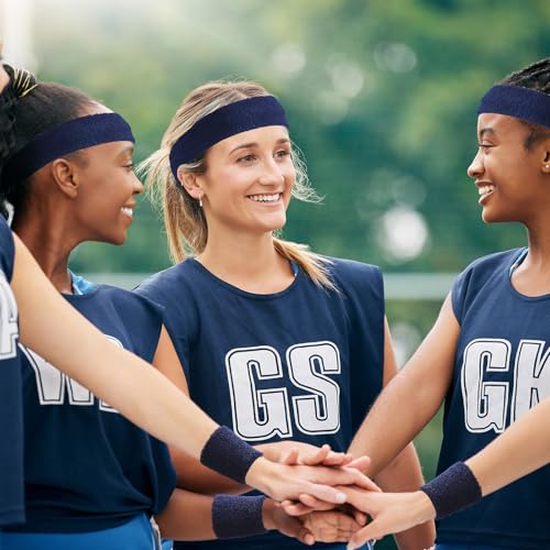 Bememo 6 Pcs Neon Sports Sweatbands Set Sports Competitions Sweatbands 2 Headband 4 Wristbands Breathable Terry Cloth Athletic Bands for Team Soccer Spirit 80s Costumes Cosplay - color: Navy Blue