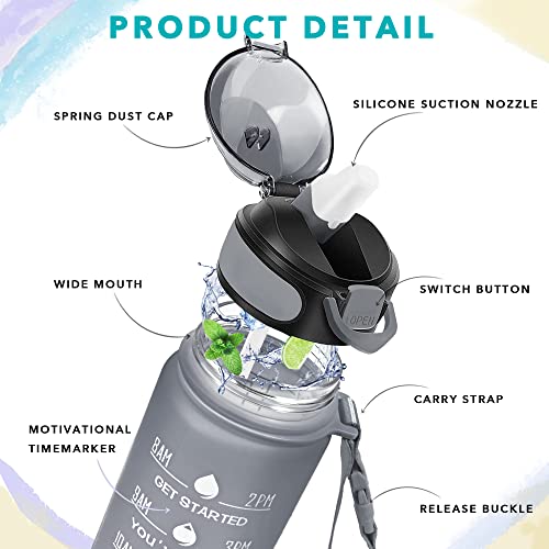Enerbone 32 oz Drinking Water Bottle with Times to Drink and Straw, Motivational with Carrying Strap, Leakproof BPA & Toxic Free, Ensure You Drink Enough Water for Fitness Gym Outdoor - color: Black Cloud