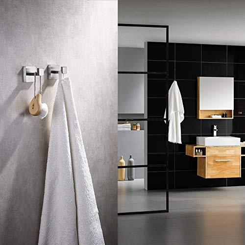 TASTOS Bath Towel Hooks Brushed Nickel, 2 Pack Stainless Steel Robe Coat and Clothes Hook, Heavy Duty Wall Hook for Bathroom & Kitchen, Modern Square Style Wall Mounted (Silver) - color: Brushed Nickel, size: Square (2 Pack)