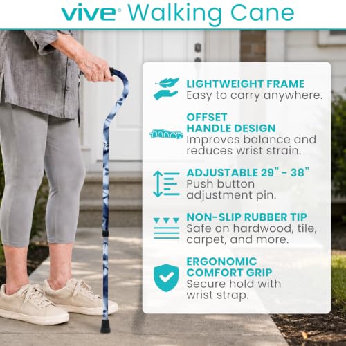Vive Walking Cane for Women, Men, Elderly - Patented Offset Grip - Lightweight Adjustable Walking Aid with a Non-Slip Tip - Sturdy Balancing Mobility Aid for Seniors - color: Blue Burst