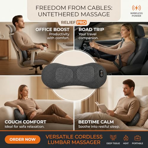 3-in-1 Cordless Lumbar Support Pillow with Heat, Vibration and Traction, Electric Lower Back Massager for Pain Relief Deep Tissue, Decompression Back for Chair, Bed, Car