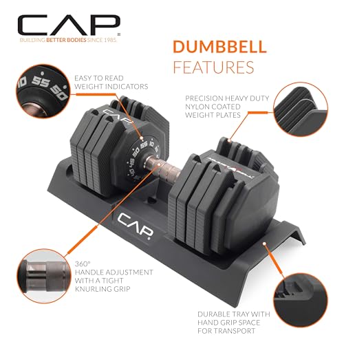 CAP ADJUSTABELL Adjustable Dumbbell Set, Premium Quick Select Adjustable Weights for Strength Training, Singles & Pairs, 12.5 LB, 25 LB & 55 LB, Round & Hex Dumbbells, Multiple Grip Handle Options - size: 55 lb - Copper Handle, style: Single