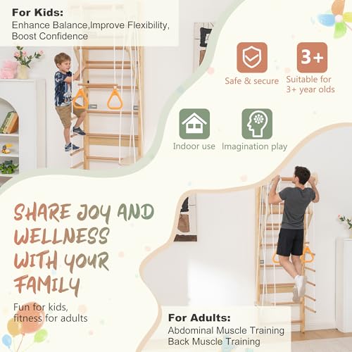 6-in-1 Swedish Ladder Wall Gym, Indoor Kids Playground with Swing, Rope Ladder, Pull-Up Bar, Slide, Gymnastic Rings, Wooden Wall Mounted Indoor Play Set for Kids & Adults (Style A)